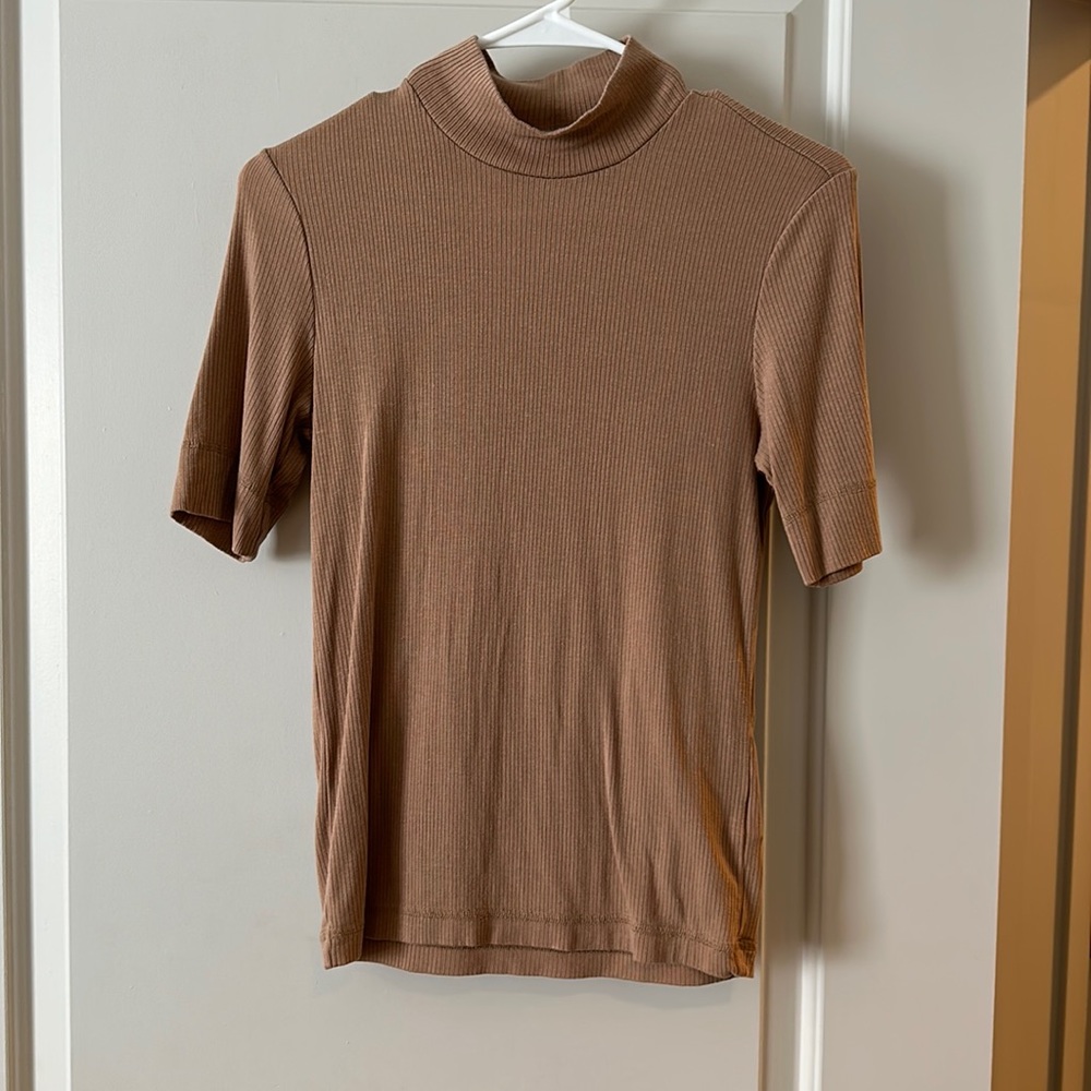Everlane mockneck ribbed tee in cappuccino color